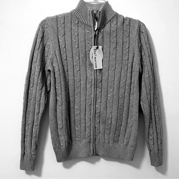 KID NATION boys’ cardigan full zip 100% cotton cable knit sweater gray XL - Picture 1 of 6
